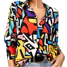 Retro Y2K 80's Abstract Geometric Print Button Down Long Sleeve Shirt EU 44 / Lg