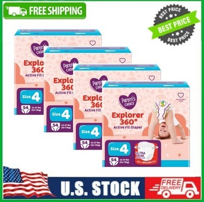 4 PACK Parent's Choice Explorer 360 Active Fit Diaper Pants Size 4, 54Count PACK
