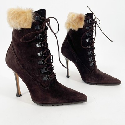 Manolo Blahnik y2k Oklamod Brown Suede Fur Trim Lace Up Heeled
