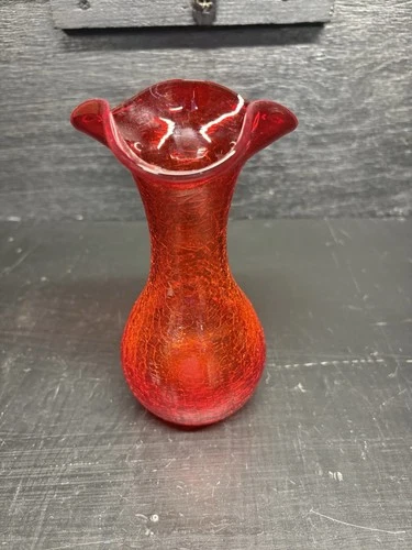 Vintage Blenko Style Amberina Glass 6.75” Crackle Glass Vase Ruffled Rim
