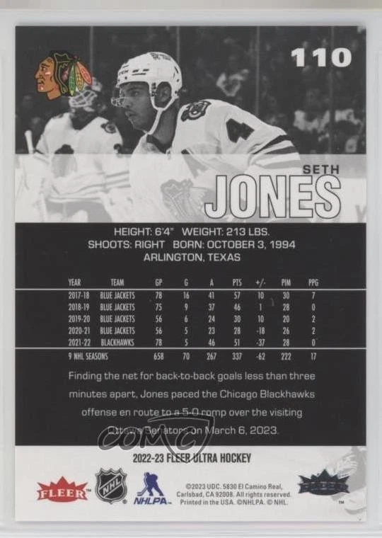 2022-23 Upper Deck Fleer Ultra Silver Foil Seth Jones #110 - Image 2 of 2