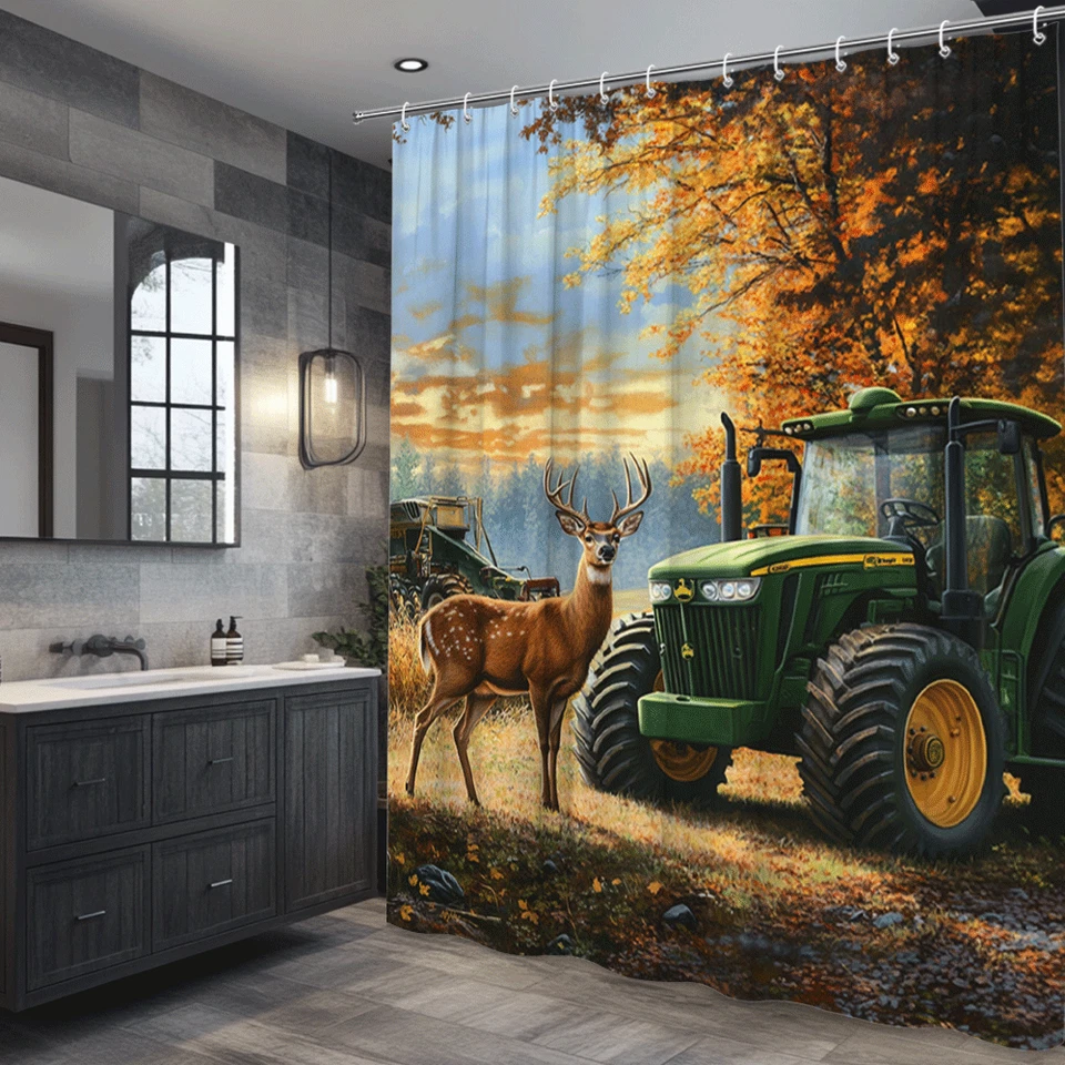 Deer and tractor shower curtain rustic autumn forest farm bathroom decor for men - Image 4 of 4