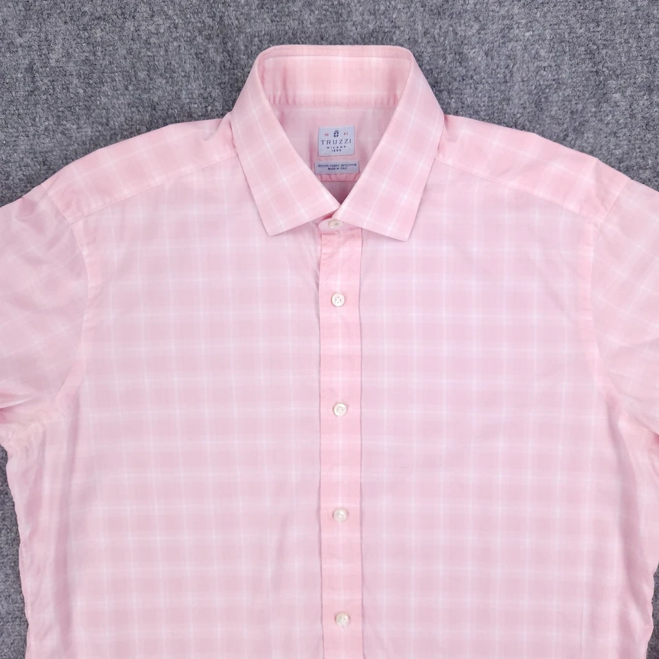 Camisa masculina Truzzi 16 41 grande xadrez rosa botão para cima feita na Itália vestido clássico - Imagem 3 de 4