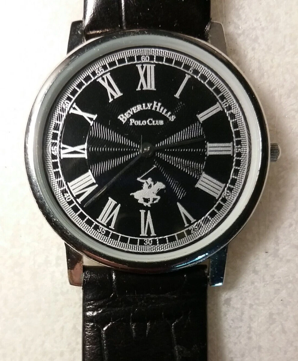 Beverly Hills Polo Club Wrist Watch Silver Black Leather Band Roman Numerals