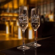 PAIR LASER ENGRAVED GLASS CHAMPAGNE FLUTES TOASTING GLASSES
