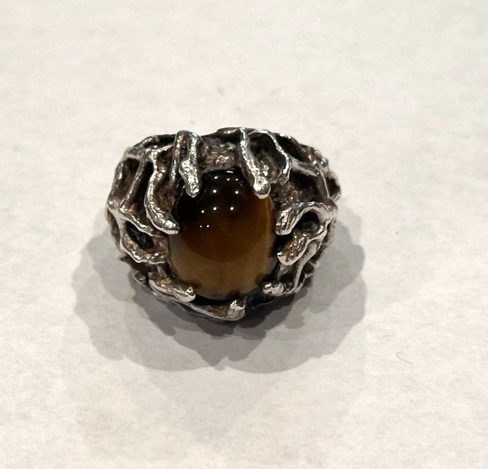 ANILLO OJO DE TIGRE BRUTALISTA PEPITA GRUESO MODERNISTA PLATA LLAMATIVO AUDAZ TALLA 6 MOD Foto 3 de 4