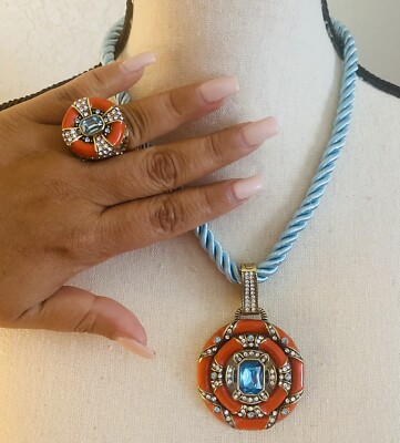 New HEIDI DAUS Newport Chic II Enamel 2 pc Set Necklace Ring 6 Coral