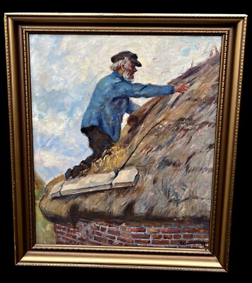 Axel AABRINK (1887-1965) landscape with man repairing the roof, oil painting