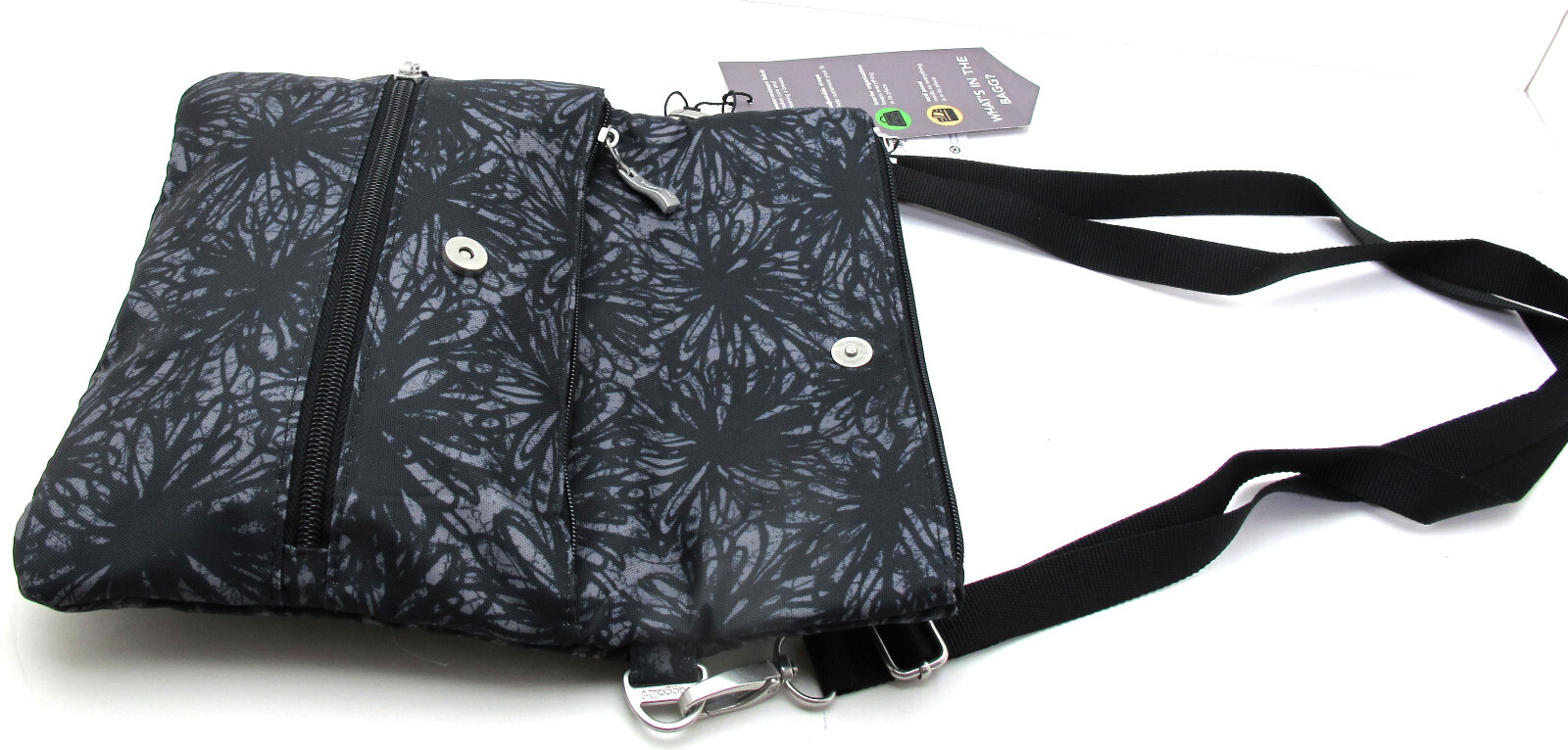NEW BAGGALLINI Flip Zip Nylon Crossbody Bag Midnight Blossom Black Grey/Silver