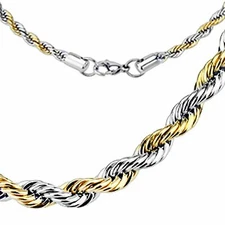 Rope Chain Necklace Two-Tone Gold PVD Silver Stainless Steel 5mm 20-30 inch
