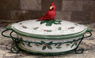 4 PC TEMPTATIONS BY TARA OVENWARE 2 QT CARDINAL CASSEROLE DISH LID TRIVET RACK