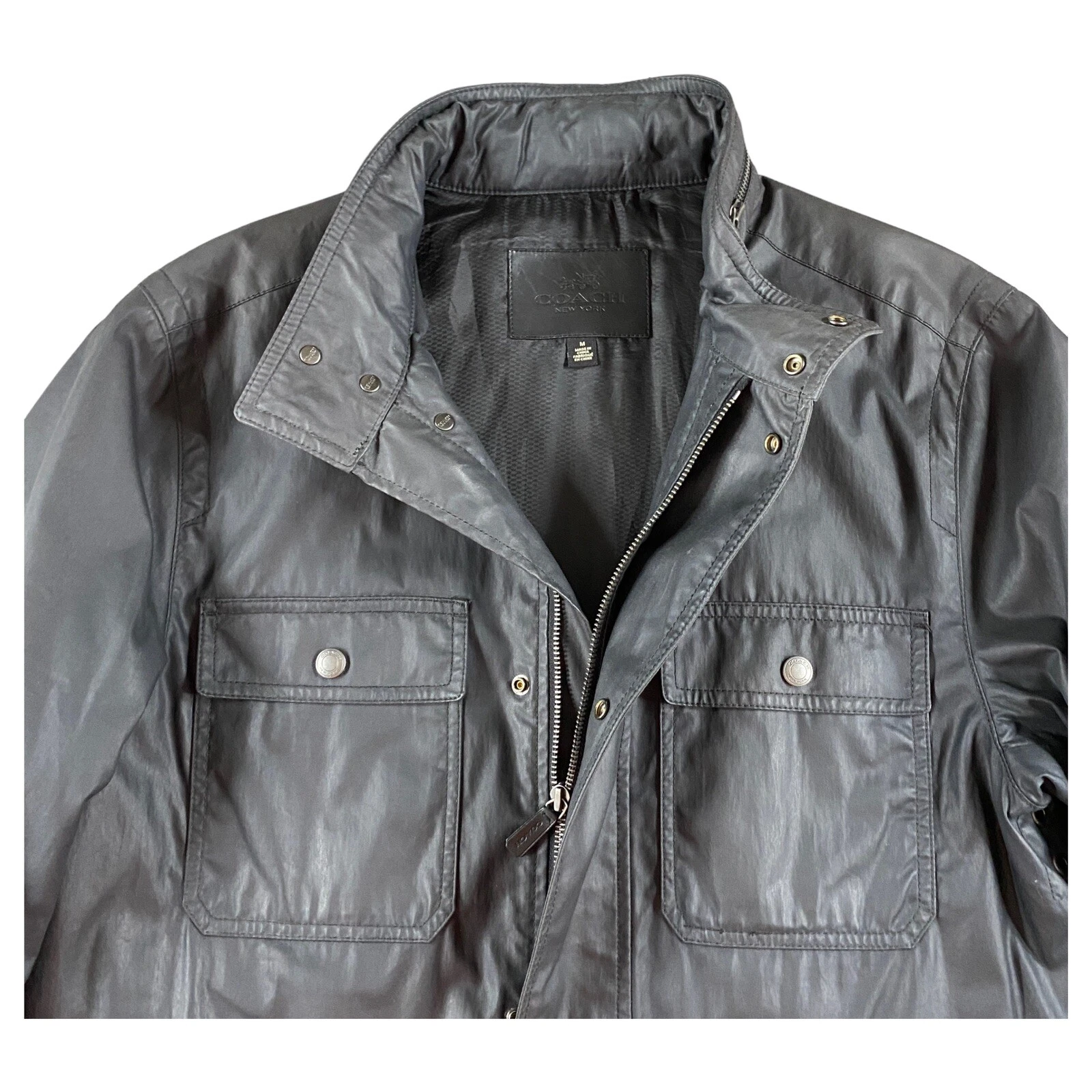 Giacca da campo COACH cotone cerato cappotto nero cappuccio biker zip snap uomo taglia media