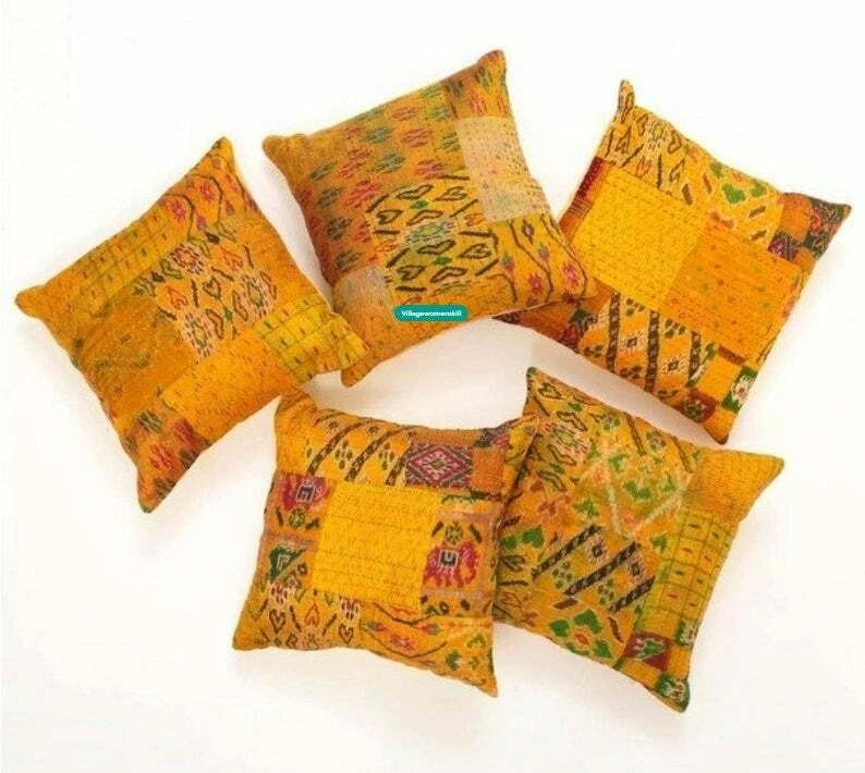 New Silk Patola Kantha Quilt Indian Patchwork Bedspread Twin/ King Throw Yellow - Image 4 of 4
