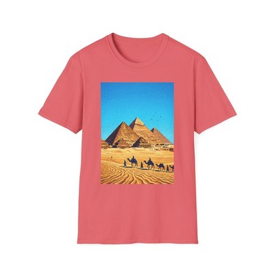 Desert Horizon Sun Tee Shirt Vintage Pyramid Camel Print Ring-Spun Cotton Top
