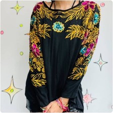 Vintage 80s Embellished Whimsy Goth Black Gold Queen Glam Blouse Size M
