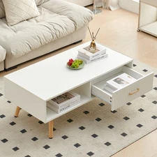 Modern Farmhouse Cocktail Center Coffee Table with Storage & Solid Wood Legs