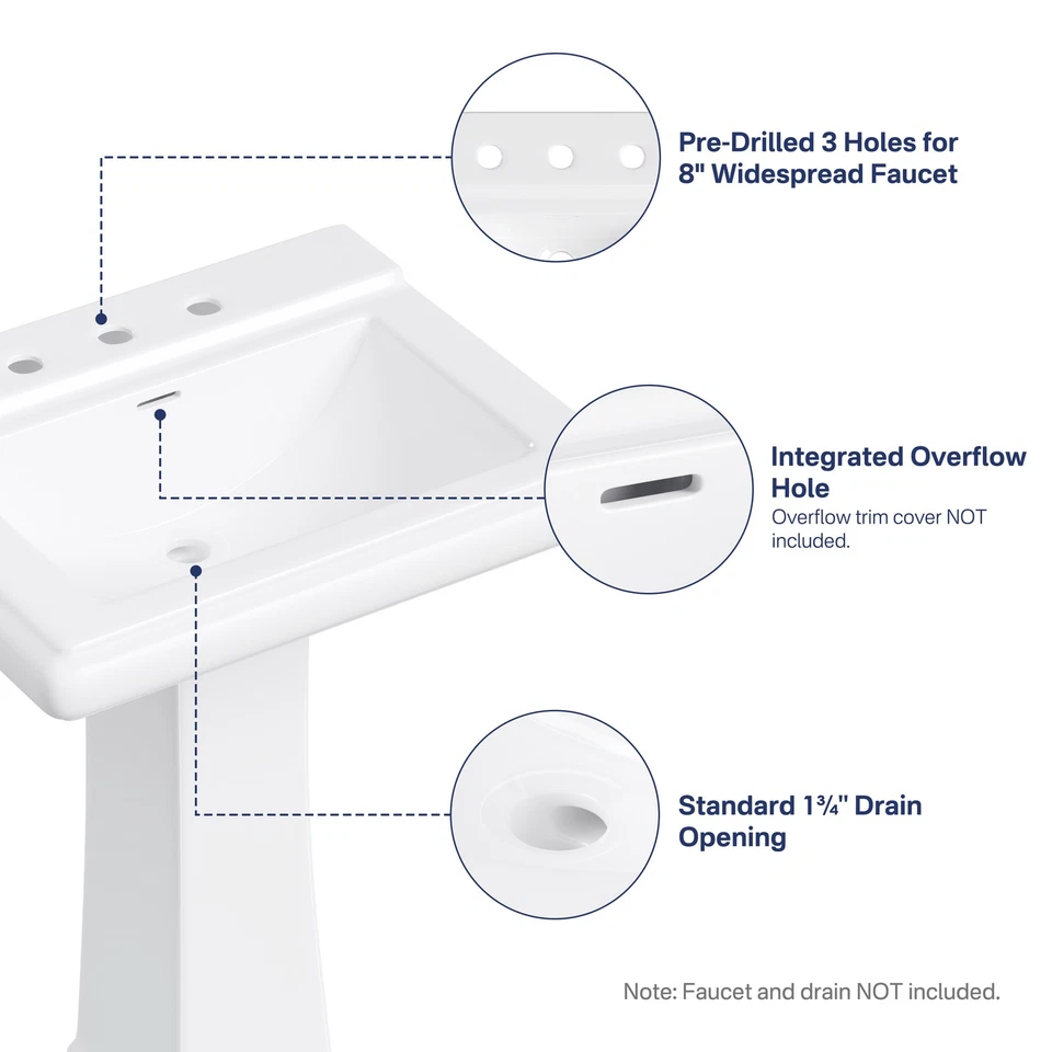 Eridanus Pedestal Sink White Ceramic Freestanding Bathroom Sink with Faucet Hole - Image 3 of 4