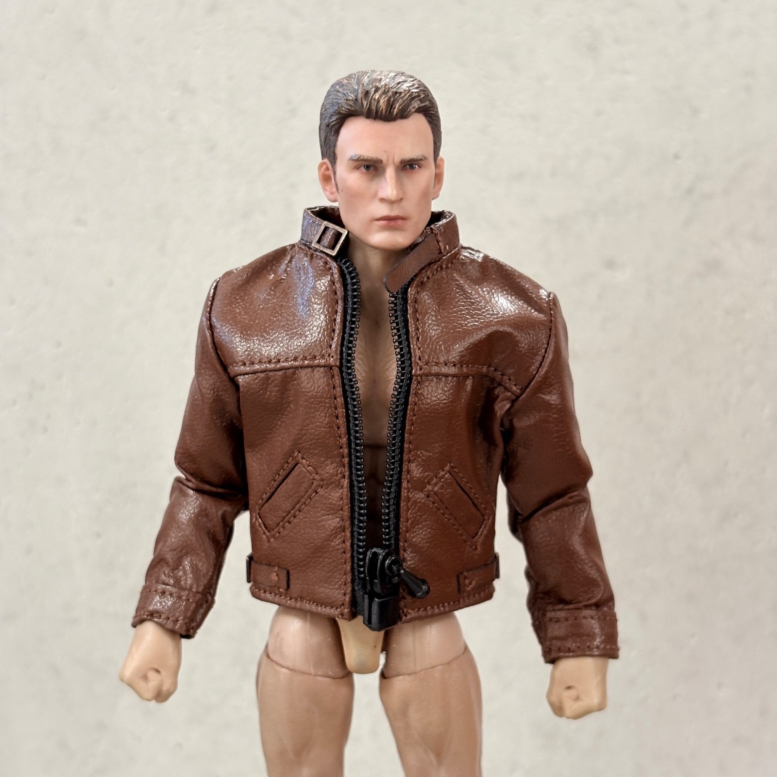 MO-MBJK-BN: 1/12 Brown Slim Zipper Faux Leather Jacket for 6" Slim action figure - second product detail image