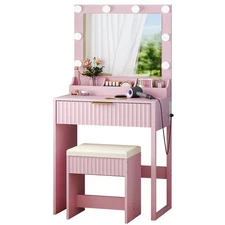 Fluted Vanity Desk with LED Mirror & Power Outlet, Makeup Dressing Table 4 Color