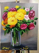 Still Life Oil Painting. Aster Flowers. Floral Wall Art. 16"x20" Wall decor