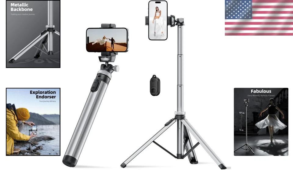 Lightweight 67" Metal Tripod with Bluetooth Remote for iPhone/Android Devices - Image 2 of 4