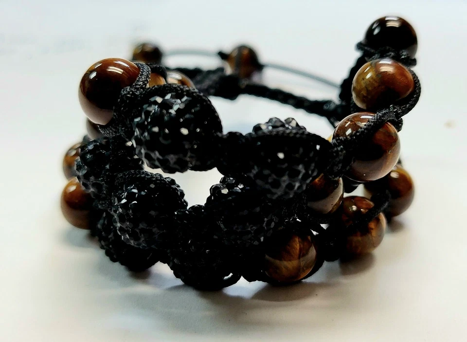 Fancy Style Macrame Trio Bracelet with Tiger Eye and black Alloy  - Image 2 of 3