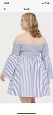 Torrid 2 Dress Blue Striped Smocked Off The Shoulder Bell Sleeve Skater Size 18