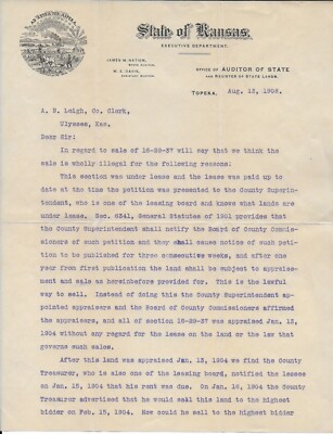 1908 State of Kansas Auditor Letter about a Ulysses KA Land Sale Deemed Illegal
