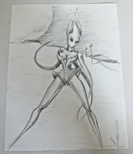Original abweichende surreale Kunst - Bleistift/Graphitzeichnung - Alien Moon Kind signiert - Bild 1 von 3