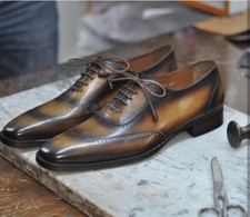 Handmade Men s Leather Oxfords Wingtip Tan Lace Up Dress Fashion Dress Shoes-249