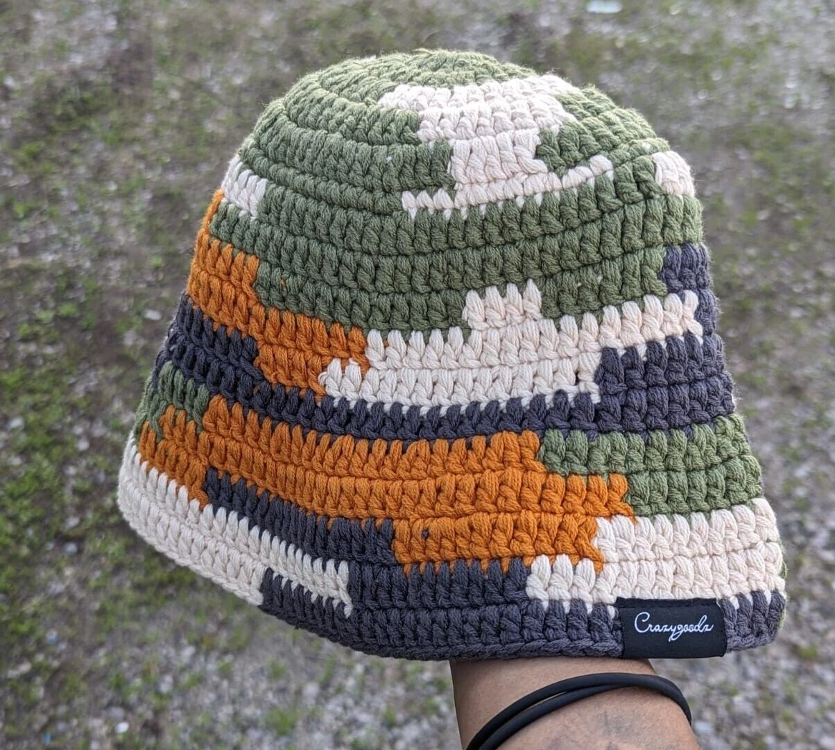 Crochet Camo Bucket Hat - Handmade Knitted Cap - Camoflauge one size fits all