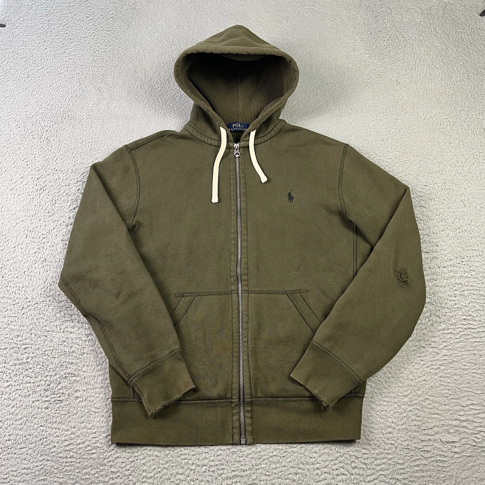 Polo Ralph Lauren Hoodie Mens Small Green Waffe Thermal Hood Distressed Full Zip