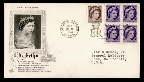 DR WHO 1954 CANADA FDC QEII CORONATION CACHET BLOCK COMBO M69190