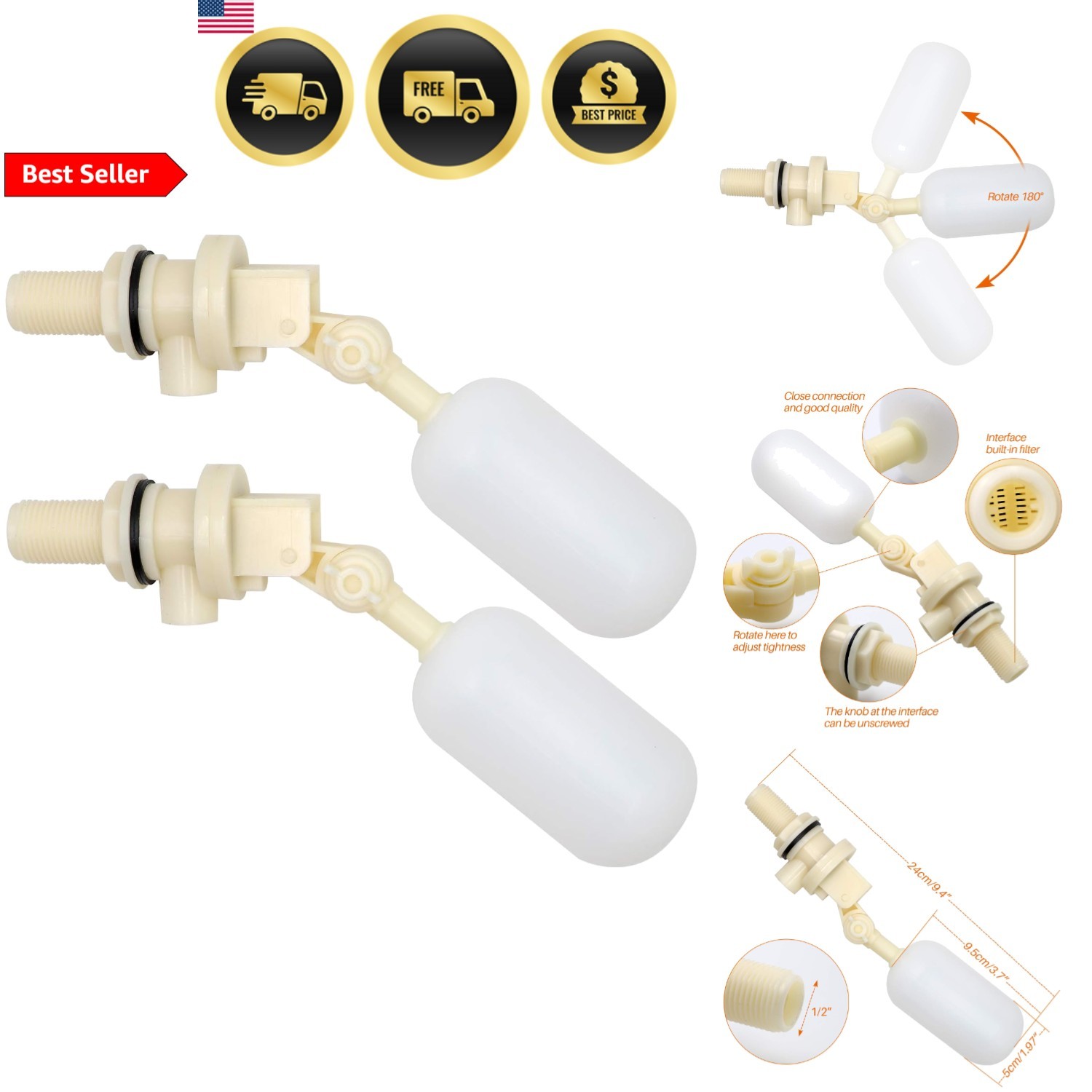 Float Valve Water Level Control 1/2 Inch Auto Fill Float Valve Dual Pack