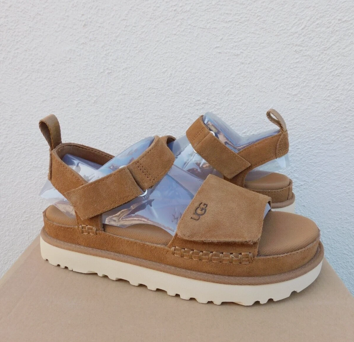 SANDALI UGG CASTAGNA GOLDENS SCAMOSCIATI PLATEAU CINTURINO DONNA US 5 EUR 36 ~NUOVI