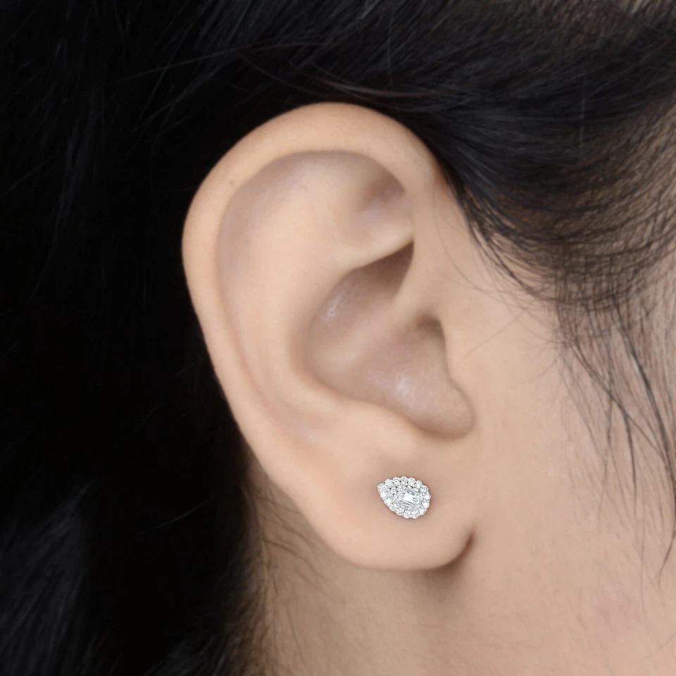 0.21 Ct Pear Halo Diamond Stud Earrings 10K Solid White Gold Engagement Gift - Image 2 of 4