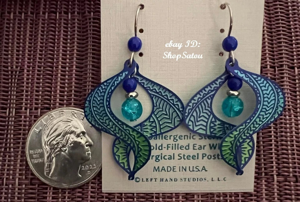 NEW ADAJIO Figure 8 Wide Ombre BLUE & GREEN Swirl Earrings w/ Beads #7615 - Image 4 of 4