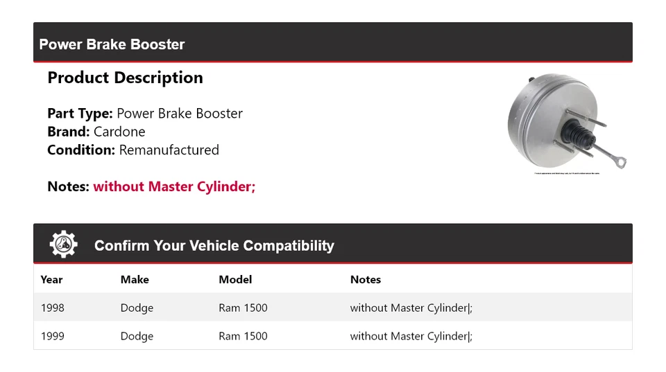 Усилитель тормозов кардон для Dodge Ram 1500 1998-1999 годов выпуска - Изображение 2 из 3