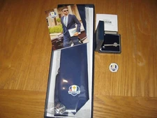 NEW 2023 MARCO SIMONE RYDER CUP GOLF SILK TIE BLUE SILVER TIE SLIDE LAPEL BADGE