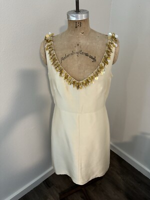 banana republic gold dress 100% Silk Ivory Beaded Shift Disc Cocktail Size 10 Web Collection: Beige looks