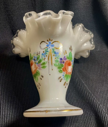 Fenton Art Glass Unsigned White Compote Vase Blue Flowers Fluted 4”