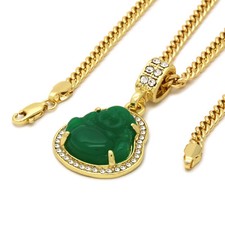 14K Gold Plated Green Jade Buddha Pendant Cubic-Zirconia Cuban Chain 24" 27' 30"