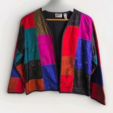 Vintage Chicos Design Jacket Womens 2 Colorblock 100 Silk Embroidered Patchwork