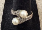 Vintage 925 Sterling Silver Double Pearl Bypass Ring Marcasite Size 7