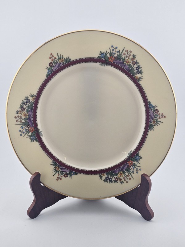 Vintage Lenox USA 8” Floral Salad Plate Ivory Gold Trim Burgundy Band