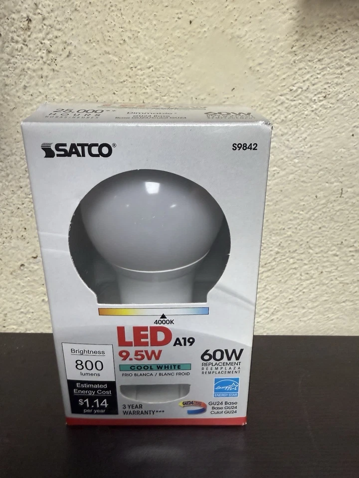Satco #s9842 Led Bulbs A19 4k, 25k Hrs, 9.5w Cool White Dimmable Gu24 Base - Image 2 of 4