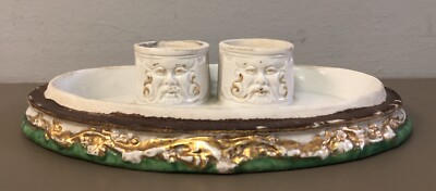 Antique Porcelain Double Inkwell Stand 4 Winds Faces French 18th C Style Gilt