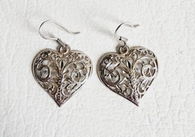 Vintage Sterling Heart Earrings Filigree 925 Silver Dangle