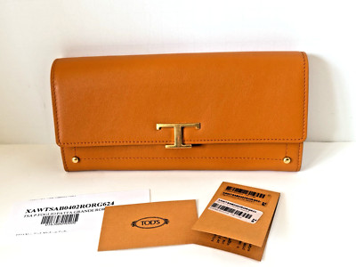 NEW Tod s T Timeless Long Wallet in Orange Super Soft Calf Leather