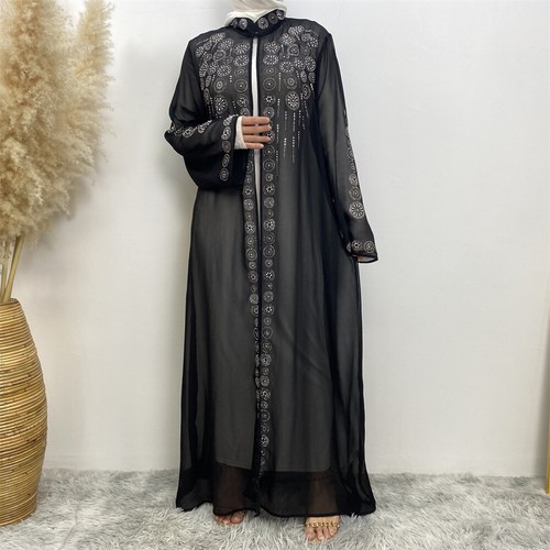 Elegant Dubai Chiffon Diamond Cardigan Dress Muslim Abaya Kaftan African Clothes - Picture 20 of 43